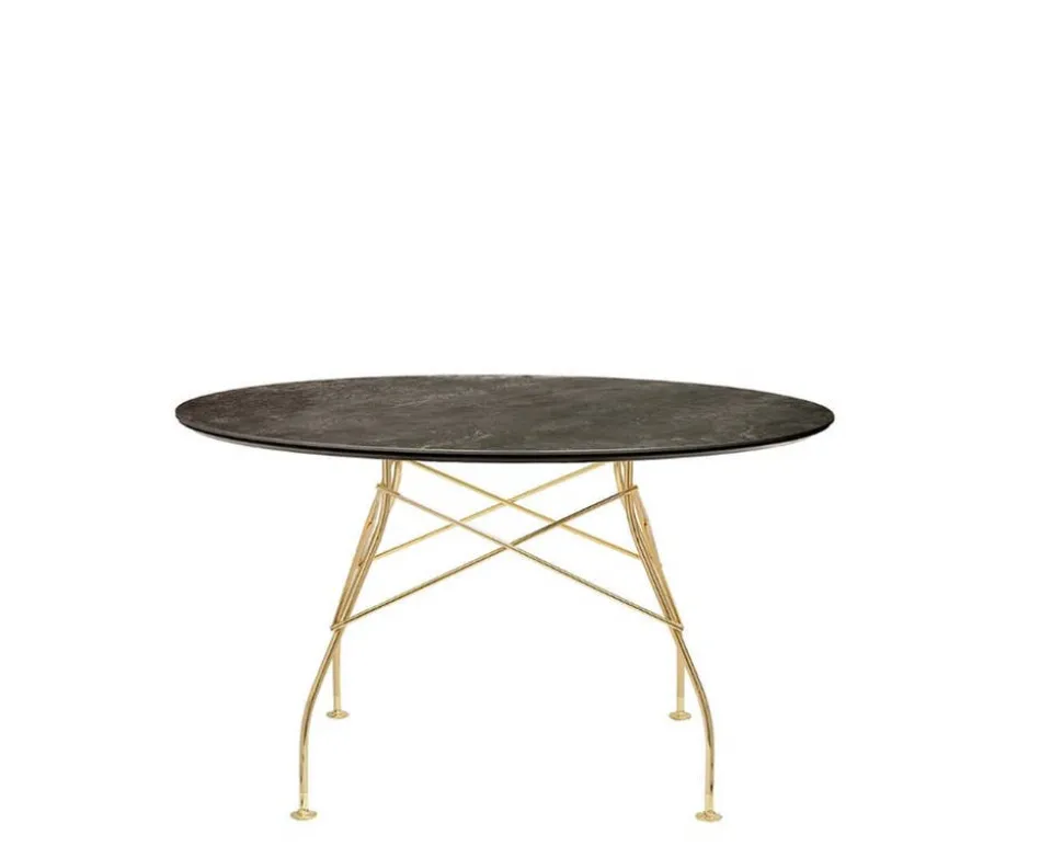 Glossy Matbord Ø128 | Aged bronze skiva, Guldben