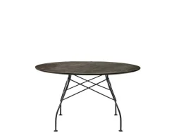 Glossy Matbord Ø128 | Aged bronze skiva, Svarta ben