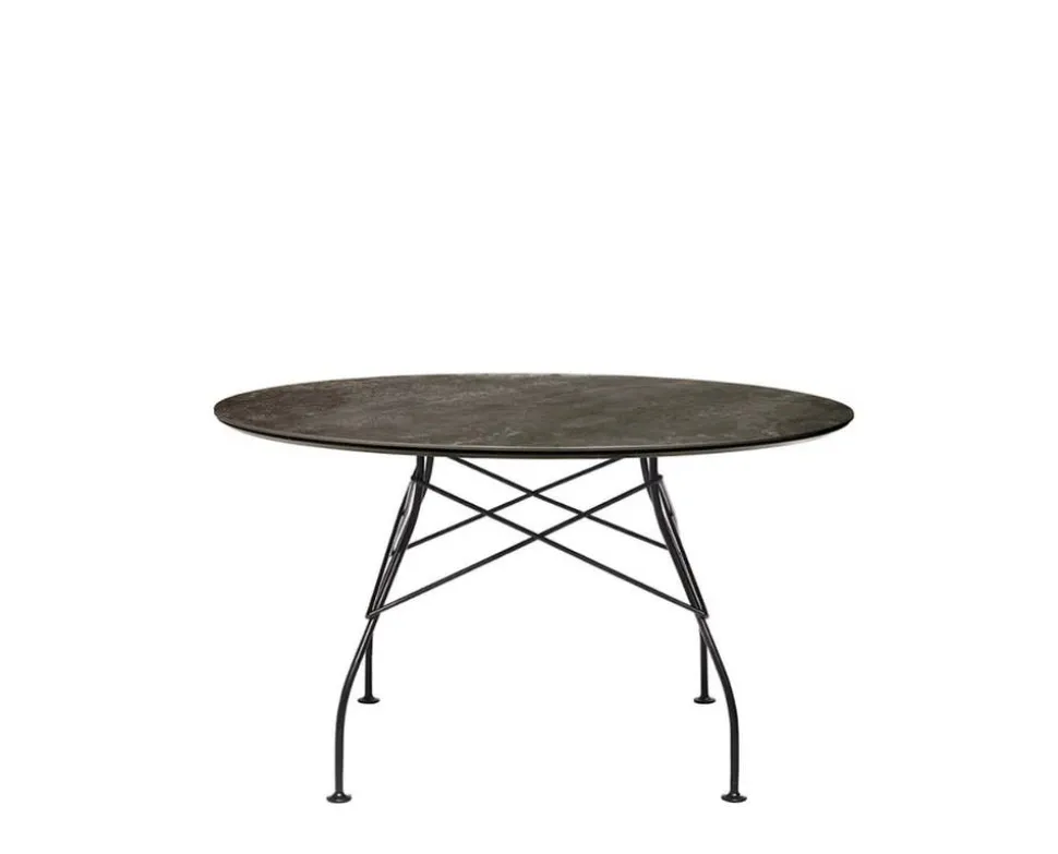 Glossy Matbord Ø128 | Aged bronze skiva, Svarta ben