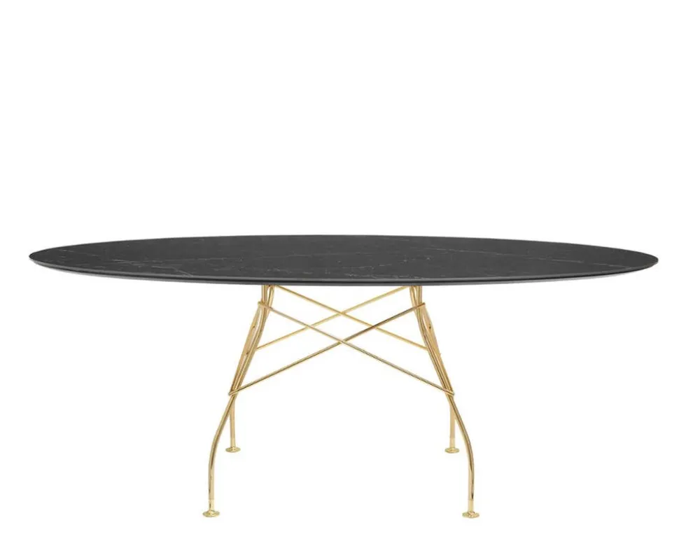 Glossy Matbord 192x118 | Svart skiva, guldben