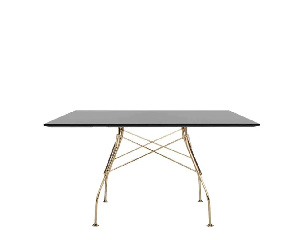 Glossy Matbord 130x130 | Svart skiva, Guldben