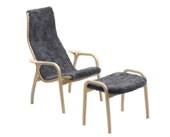 Lamino fåtölj + pall Lackad bok | Fårskinn Charcoal