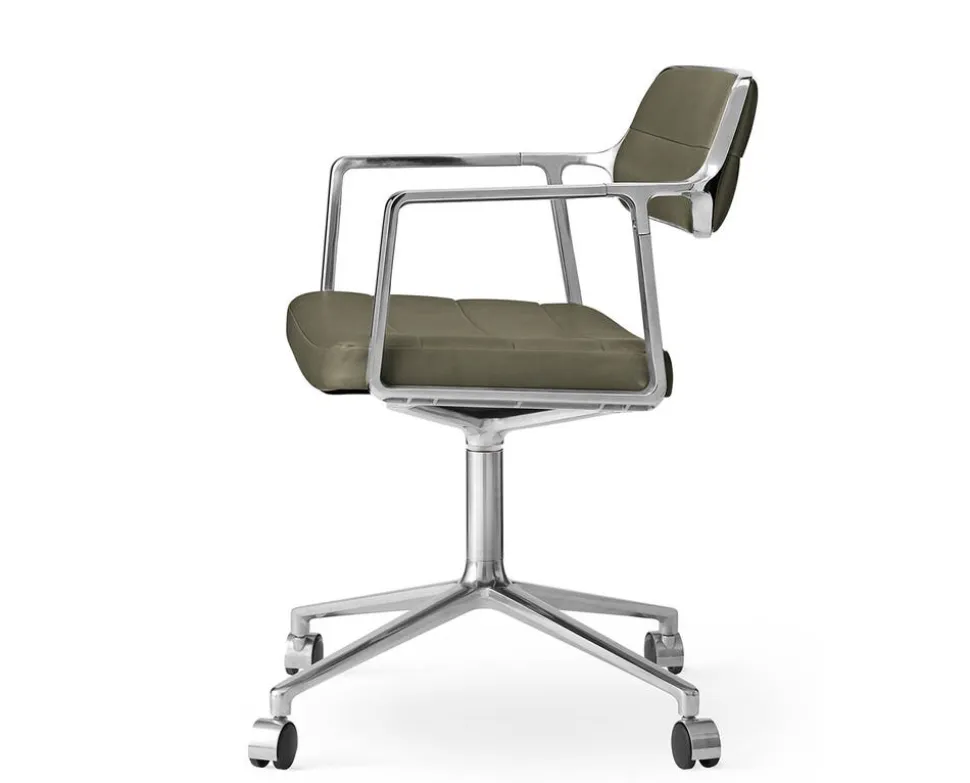 Vipp 453 Swivel Stol | Hjul | Bosco Grönt Läder, Polerat Aluminium