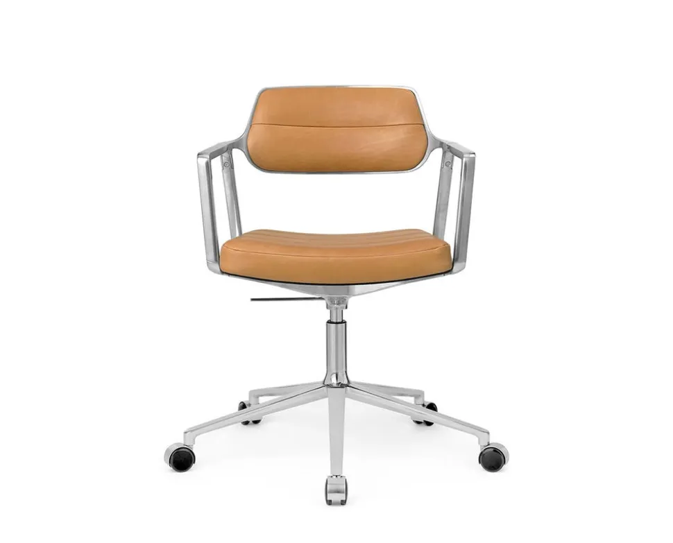 Vipp 453+ Swivel Stol | Hjul | Camel Läder, Polerat Aluminium