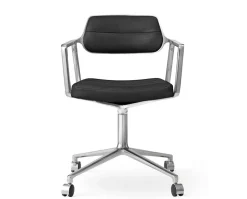 Vipp 453 Swivel Stol | Hjul | Svart Läder, Polerat Aluminium