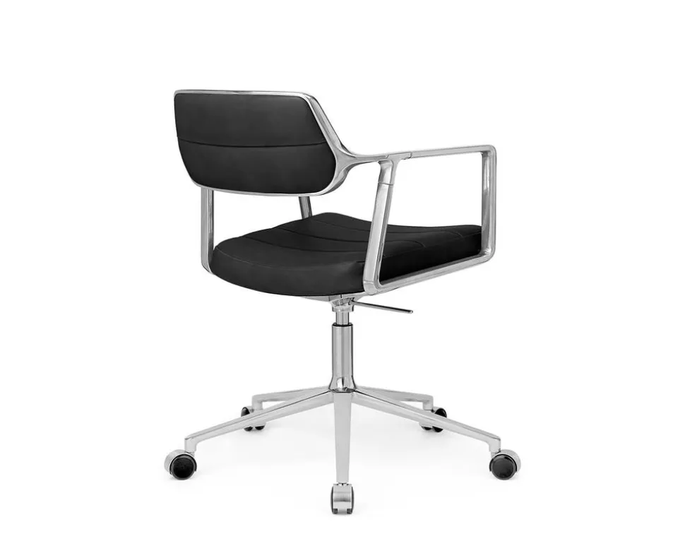 Vipp 453+ Swivel Stol | Hjul | Svart Läder, Polerat Aluminium